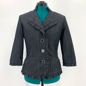 le chateau Grey Striped Ruffle Edge Three Button 3/4 Sleeve Fitted Blazer, Small